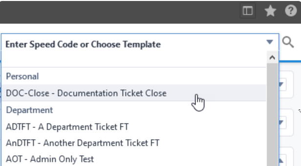 Enter speed code or template in Autotask screen image