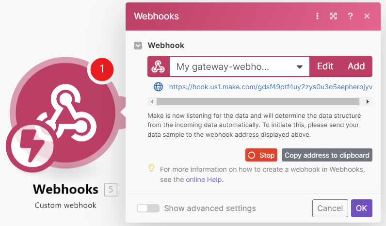Our Integromat webhook -- ready to be configured