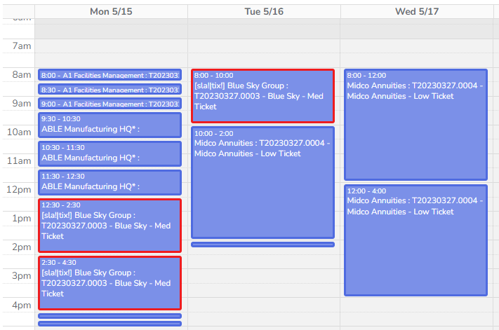 There are three potential ticket SLA violations in this Calendar view.