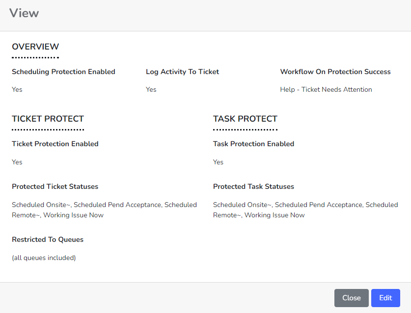 TicketGuard is enabled and configured to monitor both Tickets and Tasks in this example configuration.