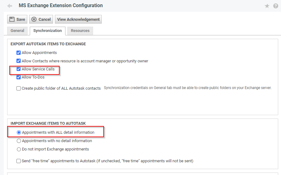 The Autotask Exchange integration with Service Call sync enabled.