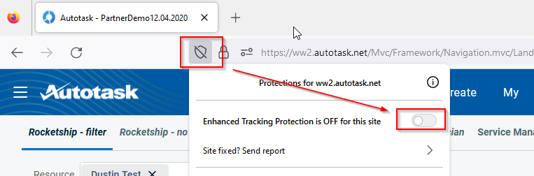 Accessing the "Enhanced Tracking Protection" feature in Firefox.